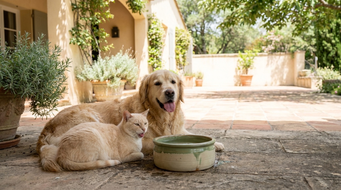 Gato y perro durante una ola de calor
