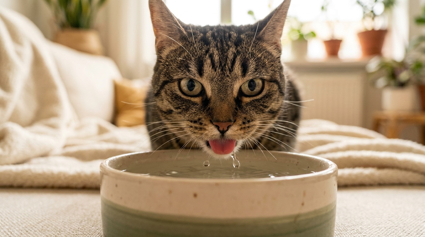 Gros plan d'un chat qui boit abondamment dans son bol d'eau