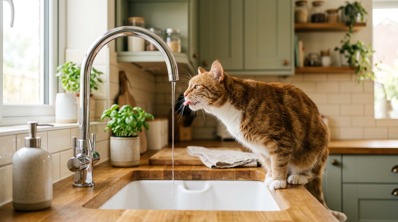 Chat roux perché sur le plan de travail de la cuisine qui boit au filet d'eau du robinet