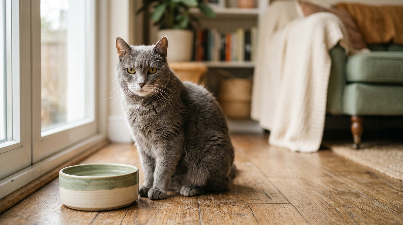 Chat senior gris assis près de sa gamelle d'eau en céramique devant la baie vitrée du salon