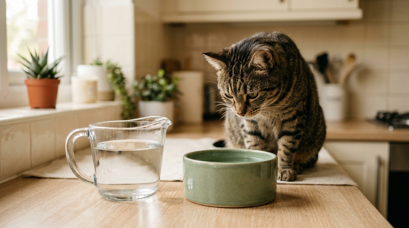 Chat tigré qui observe son bol d'eau en céramique verte à côté d'un pichet gradué rempli d'eau