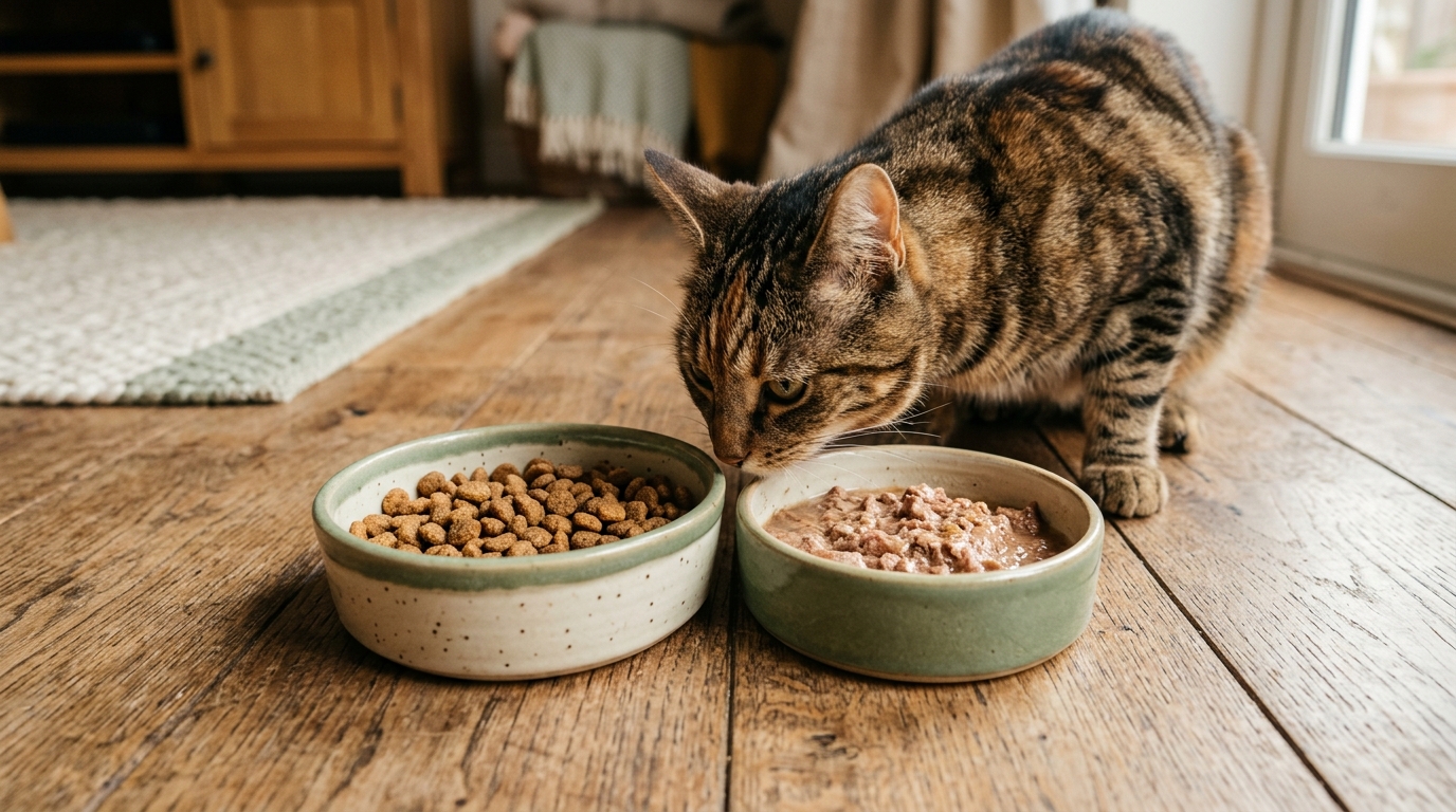 Chat tigré qui renifle deux bols posés au sol, croquettes sèches et pâtée humide