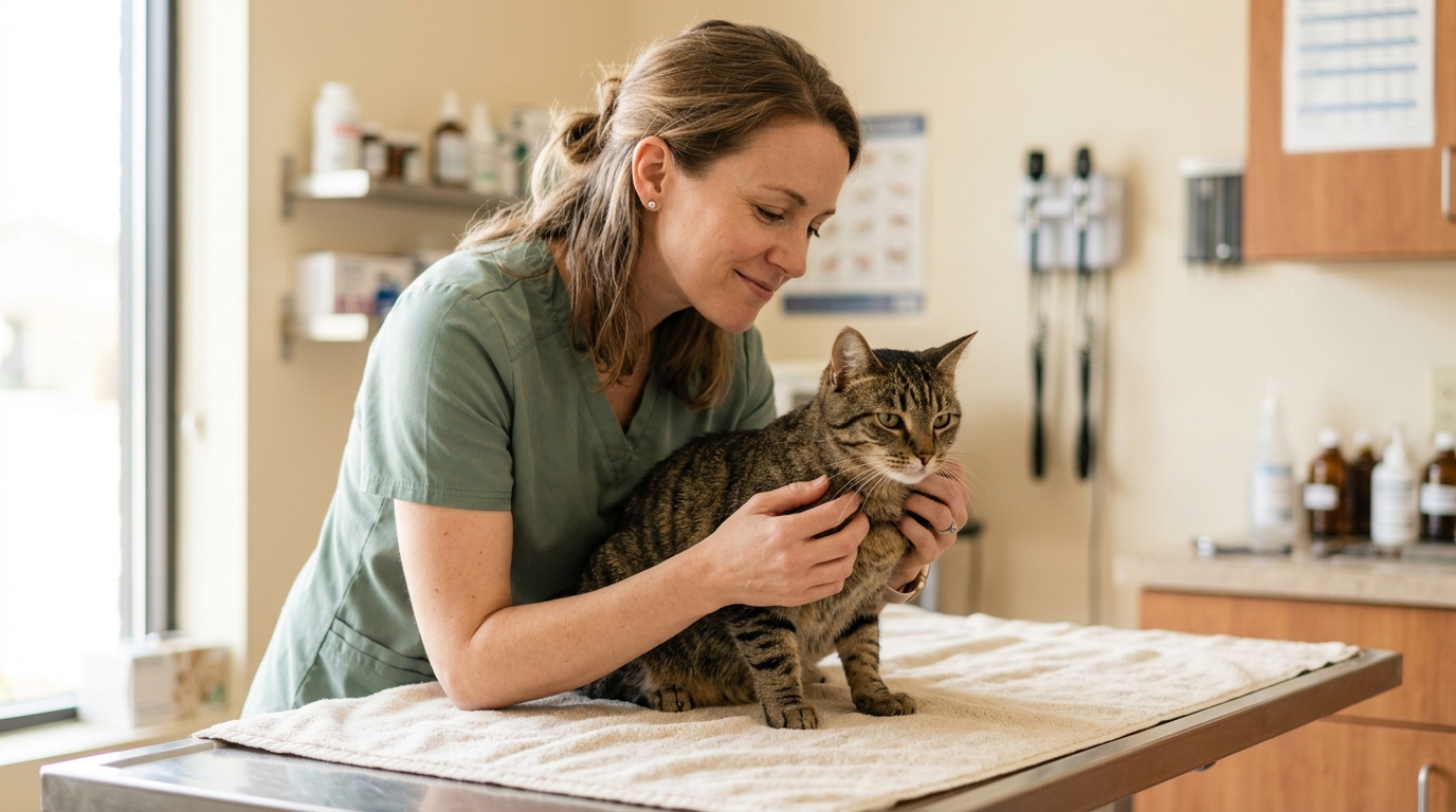 Vétérinaire qui examine un chat tigré sur la table de consultation de la clinique