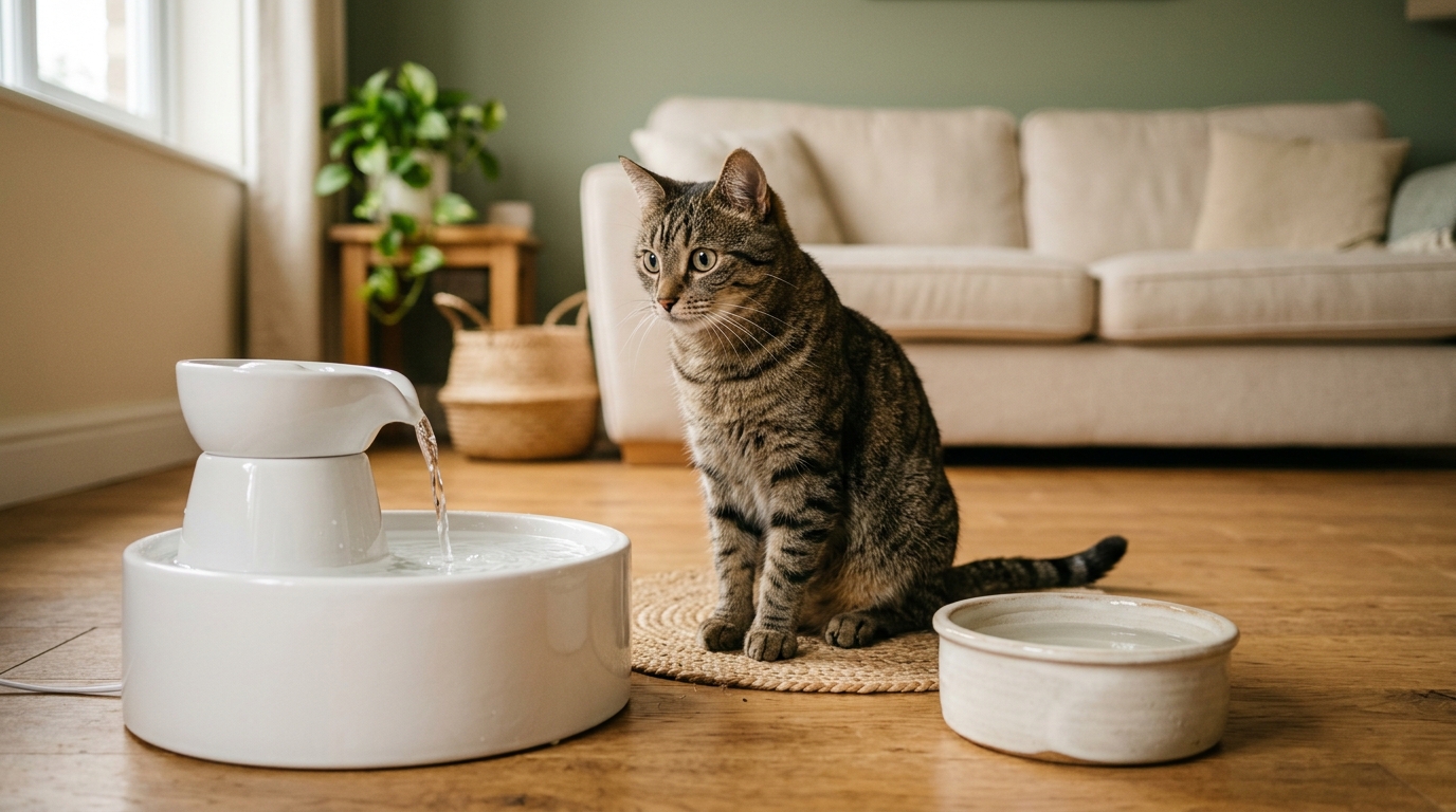 Chat comparant une fontaine à eau et une gamelle classique