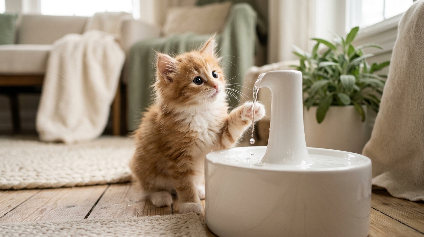 Chaton roux qui touche du bout de la patte le filet d'eau de la fontaine