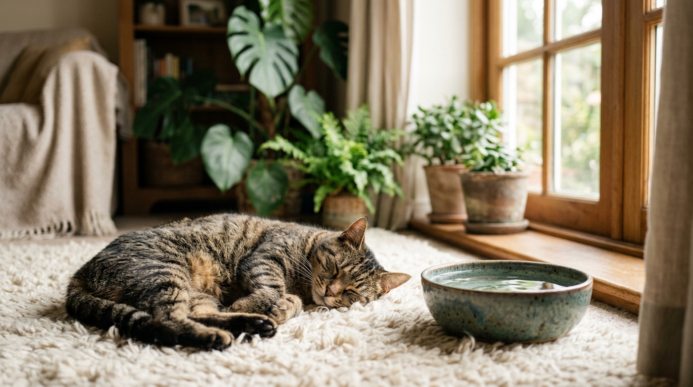 Chat tigré endormi sur un tapis moelleux à côté de son bol d'eau fraîche