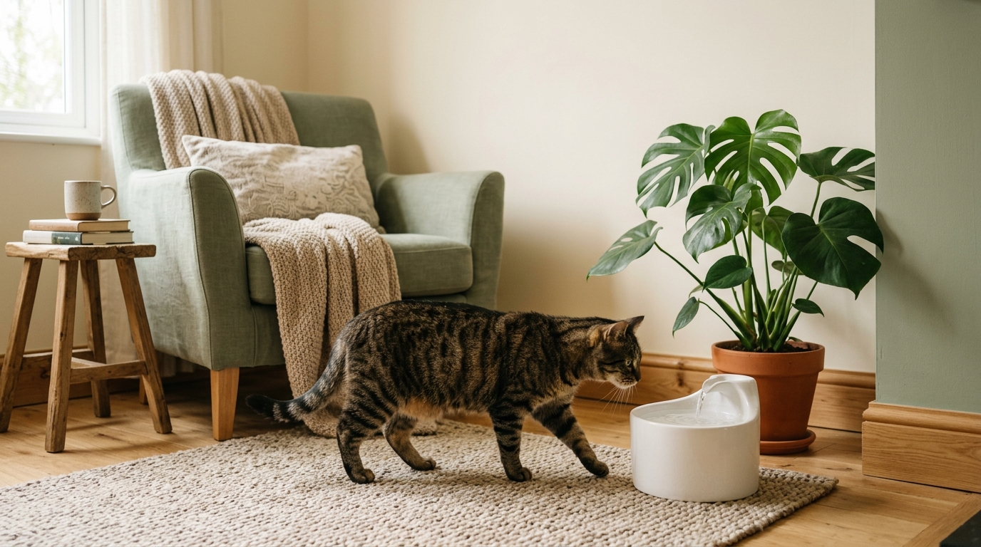 Chat qui s'approche de sa fontaine placée dans un coin calme du salon, près d'une plante
