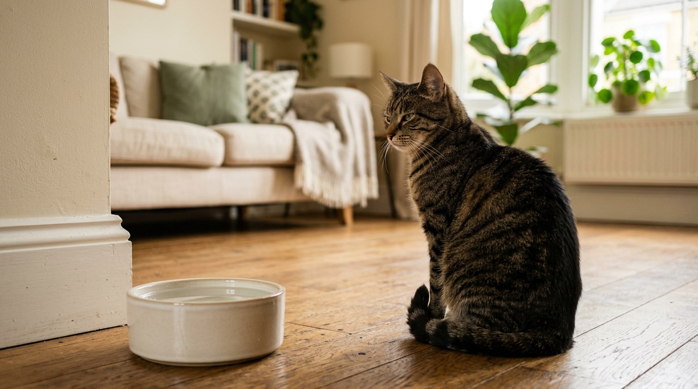 Chat tigré qui tourne le dos à sa gamelle d'eau posée au sol du salon