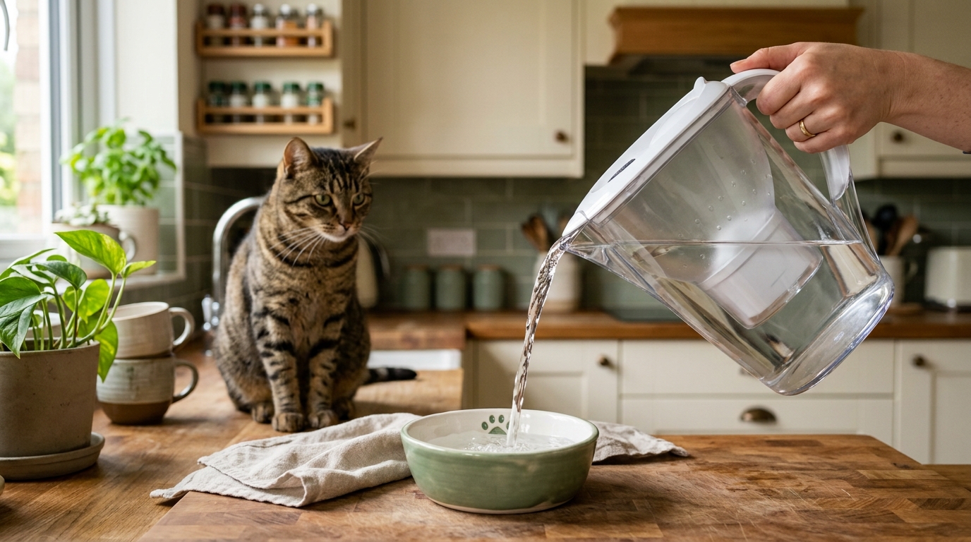 Eau versée d'une carafe filtrante dans le bol du chat qui observe sur le plan de travail