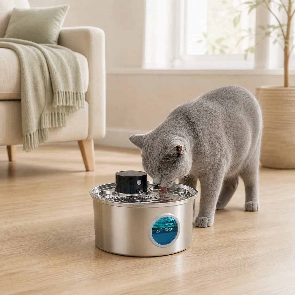 Chat buvant à la fontaine Naïa Inox utilisée sans câble dans le salon