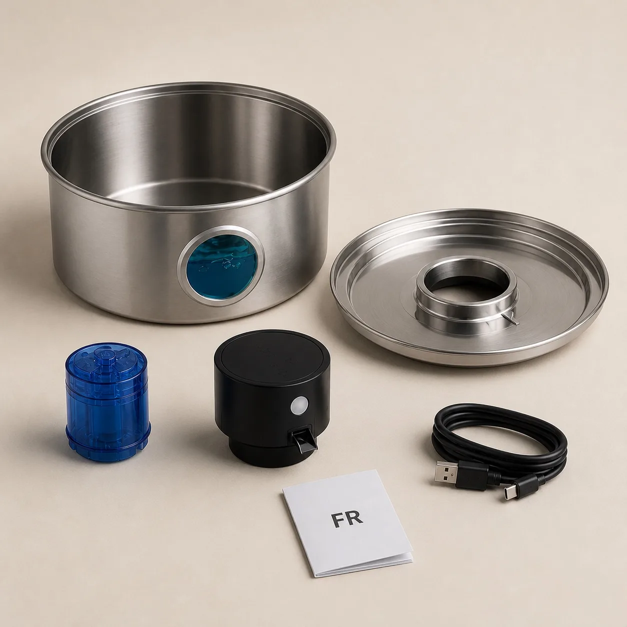 Vue illustrative du contenu prévu avec la fontaine Naïa Inox : cuve, plateau, module, filtre, câble et notice