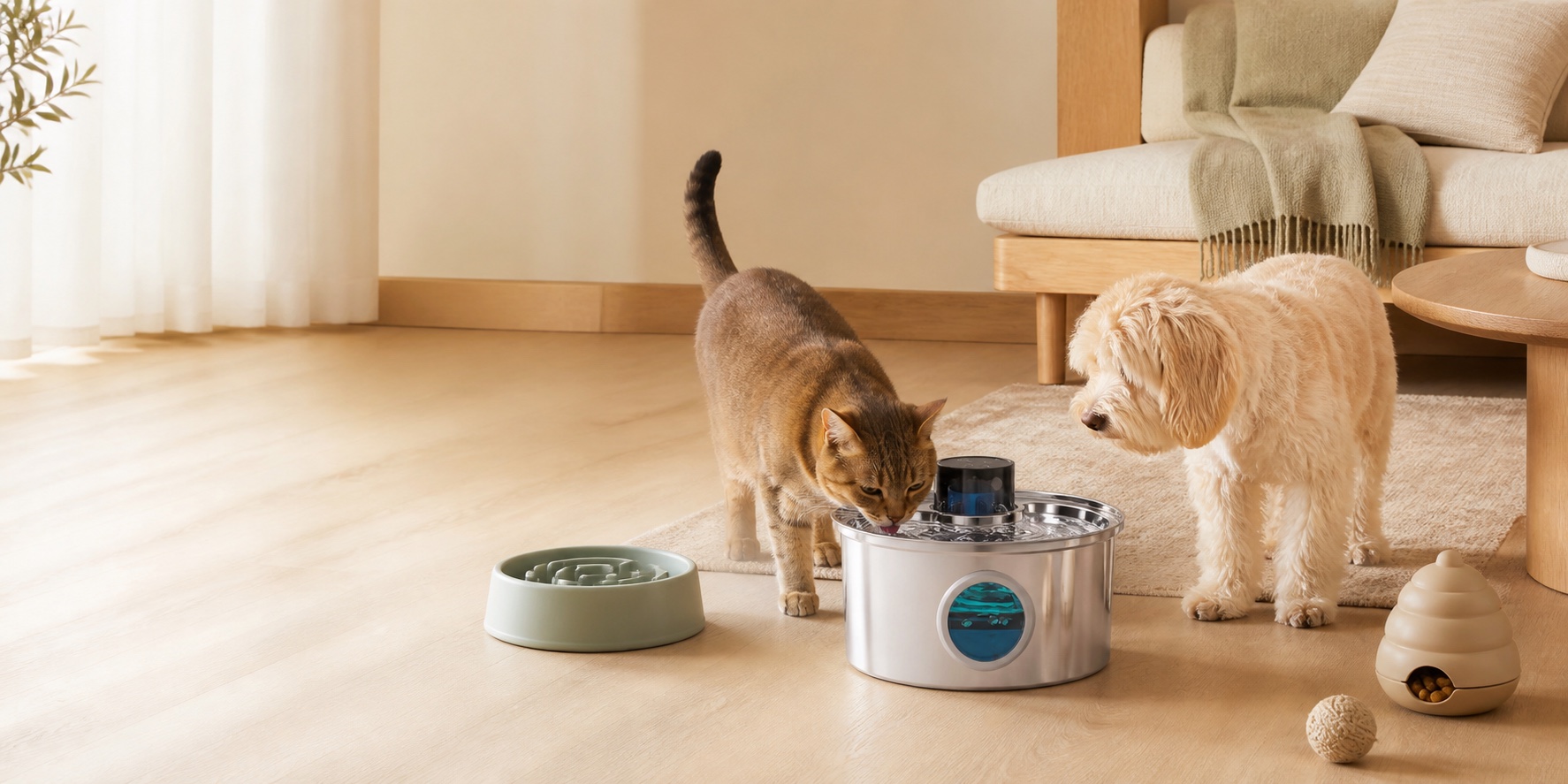 Gato y perro alrededor de la fuente Naïa Inox
