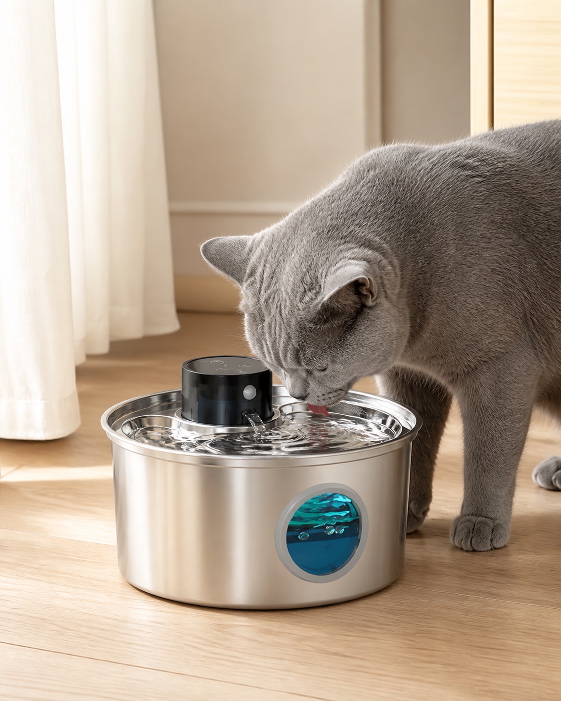 Gato junto a la fuente Naïa Inox