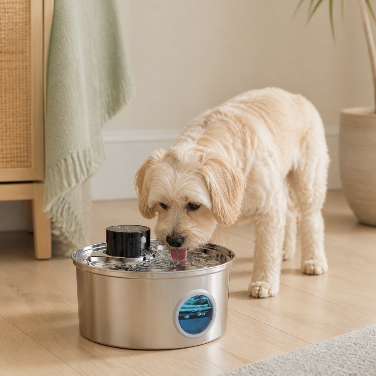 Perro pequeño junto a la fuente Naïa Inox