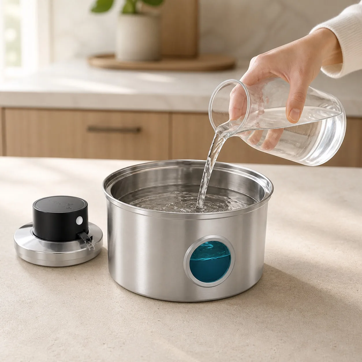 Remplissage de la cuve de la fontaine Naïa Inox avec de l'eau fraîche