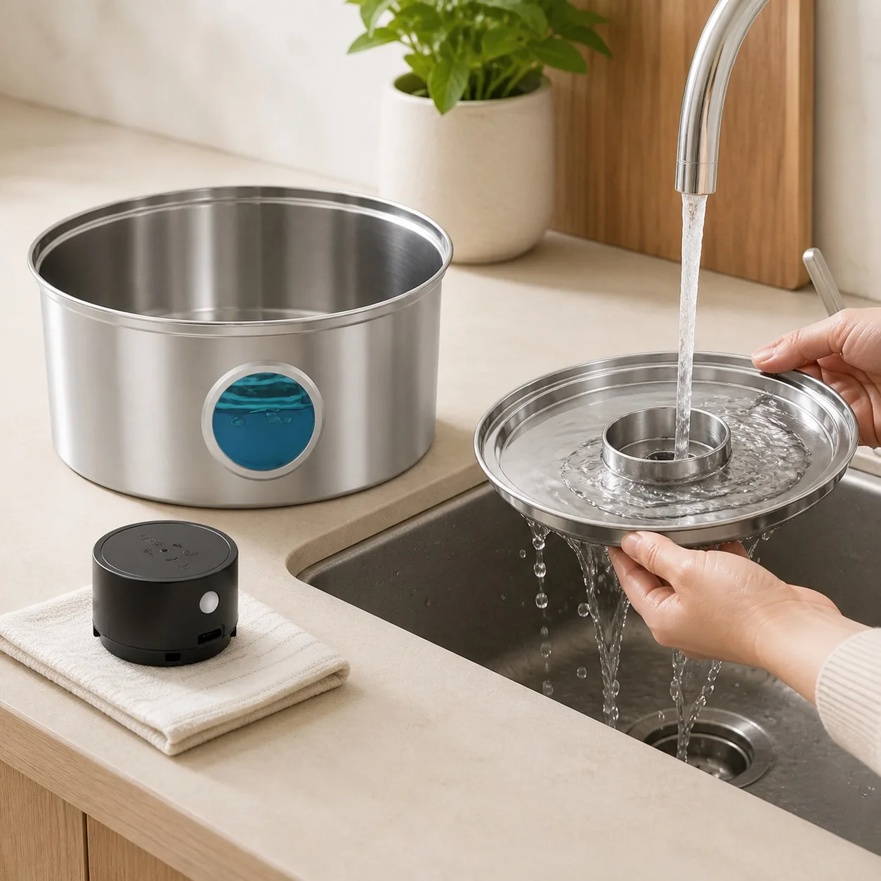 Plateau amovible de la fontaine Naïa Inox rincé sous l'eau, module technique gardé au sec