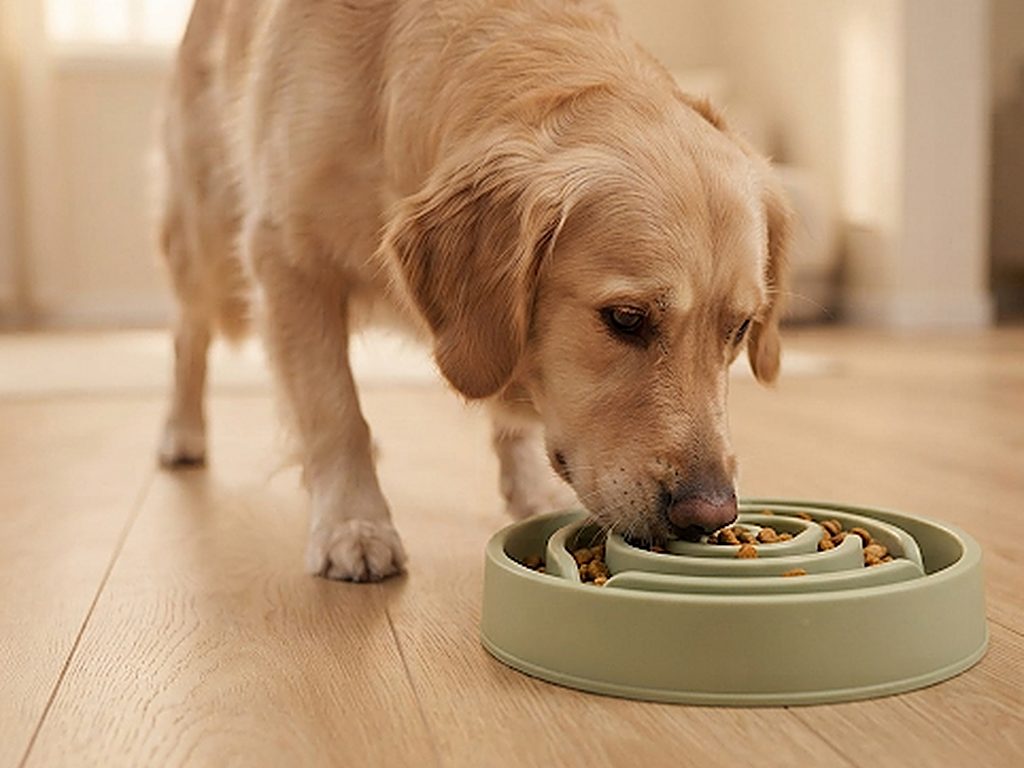 Golden retriever comiendo pienso en el comedero lento Naïa Tempo