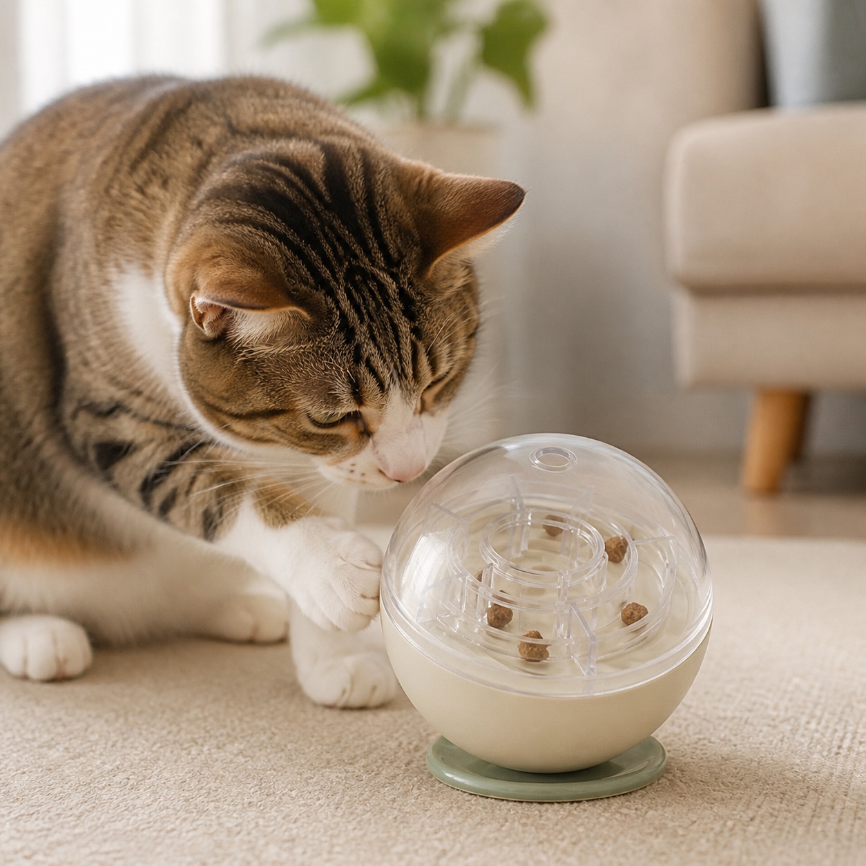 Chat concentré qui manipule le jouet puzzle Naïa Malin