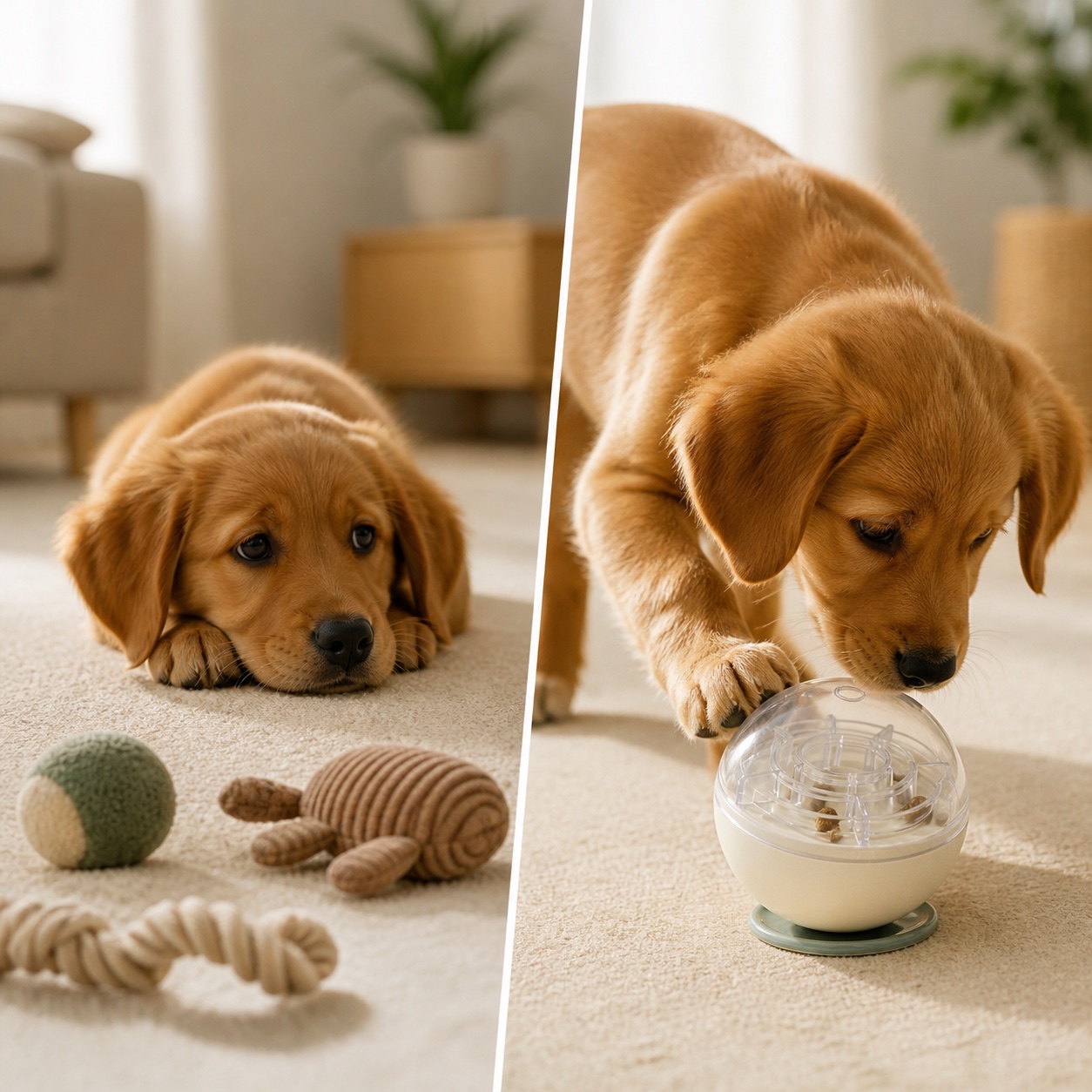 Avant et après illustratif : chiot qui s'ennuie puis découvre le jouet puzzle Naïa Malin
