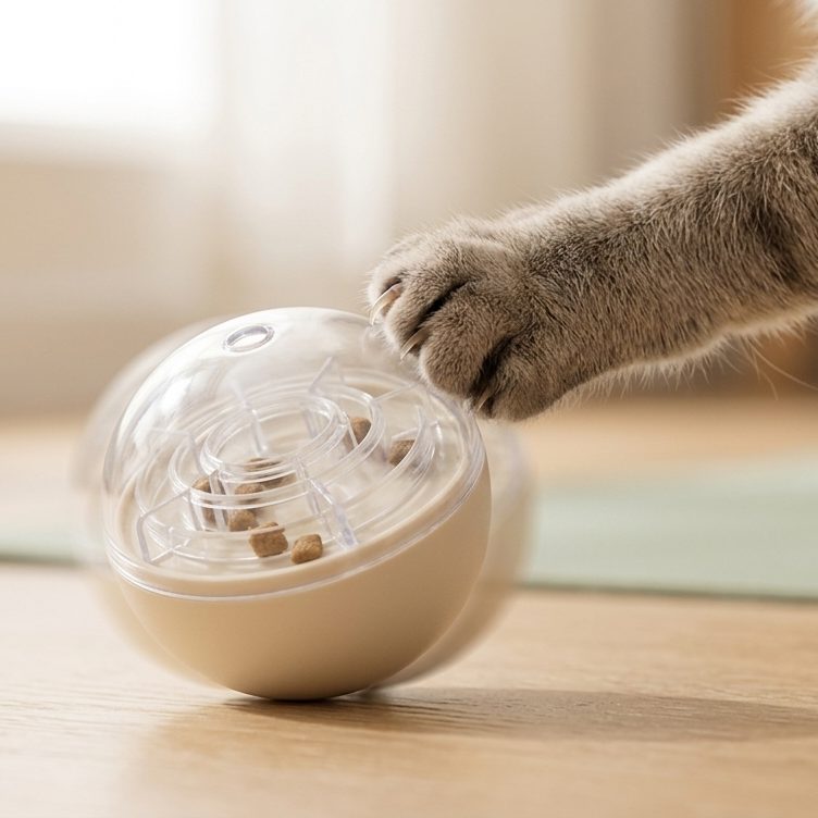 Patte de chat qui pousse la boule Naïa Malin sur le parquet, croquettes visibles dans le labyrinthe