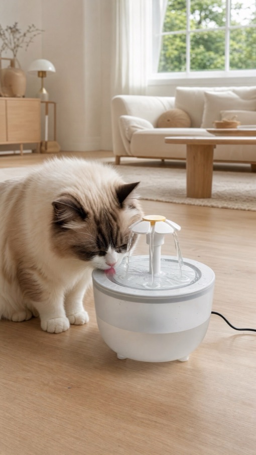 Gato bebiendo de la fuente Naïa
