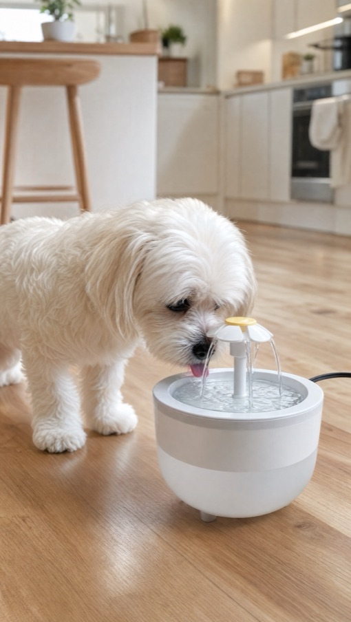 Perro disfrutando de la fuente de agua Naïa