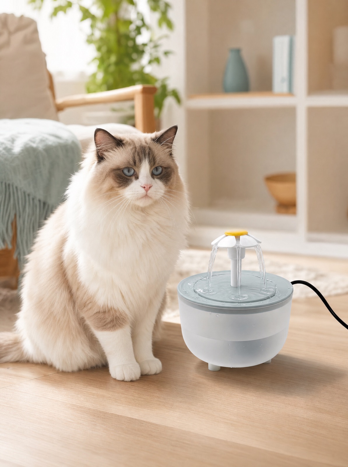 Chat observé à côté de sa fontaine à eau pour surveiller sa consommation