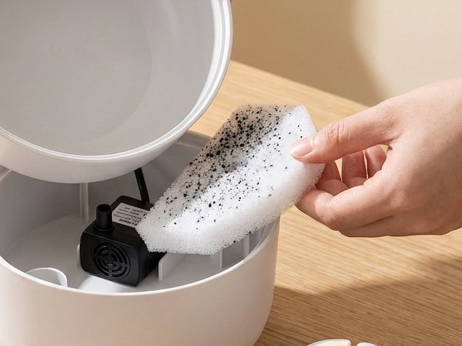 Filtre mousse réel monté sur la pompe d'une fontaine à eau pour chat