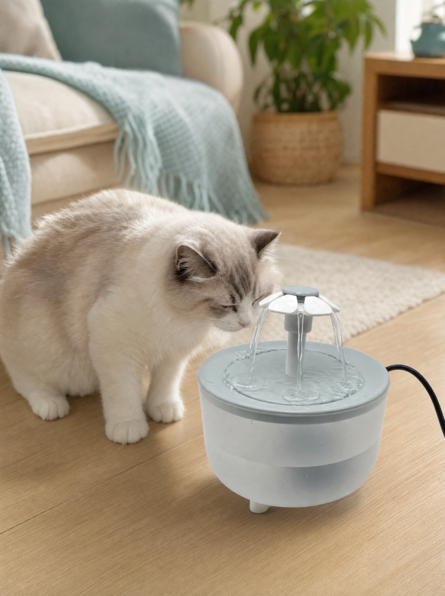 La fuente de agua Naïa en un interior luminoso, con un gato hidratándose