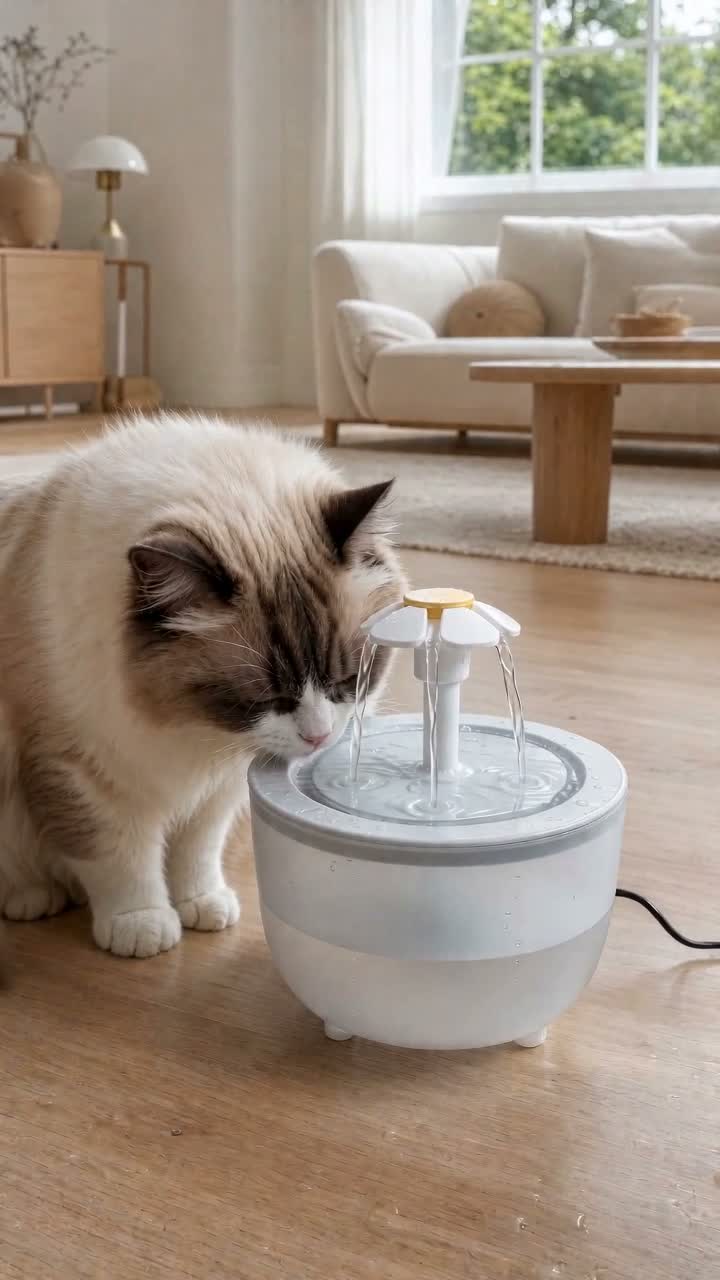 Chat qui préfère boire l'eau en mouvement de sa fontaine