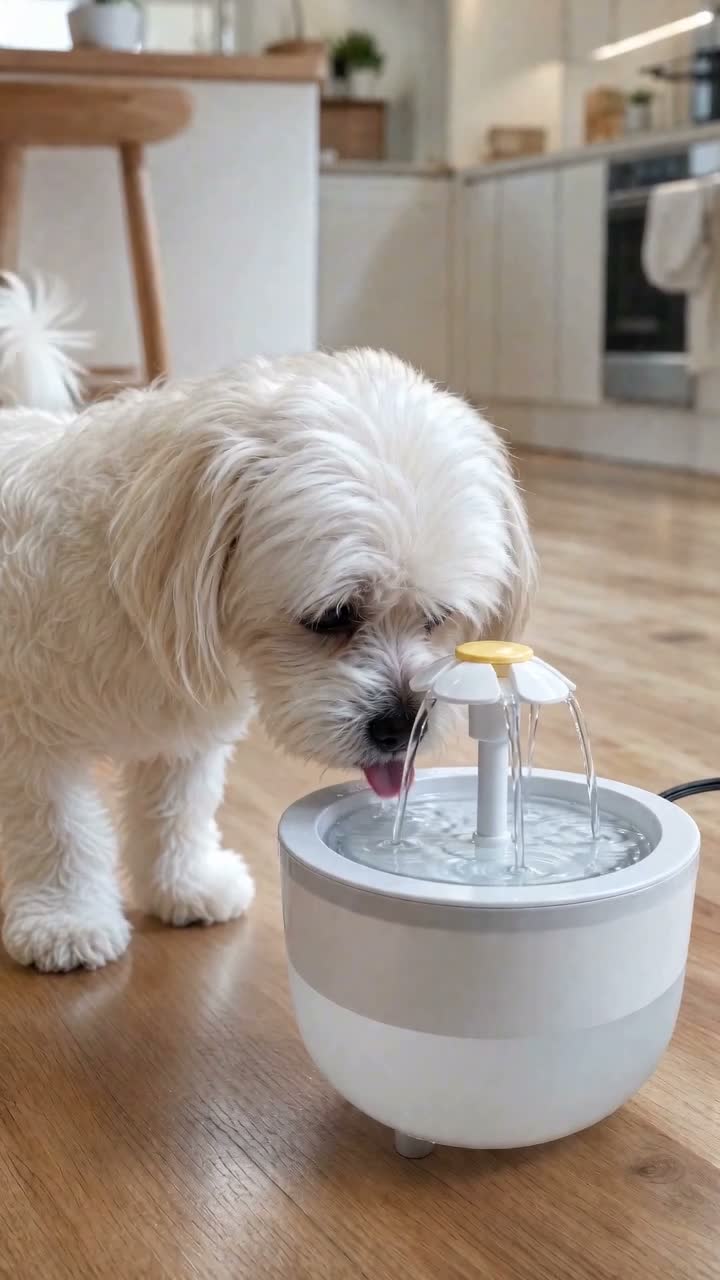 Petit chien blanc qui boit l'eau en mouvement de sa fontaine
