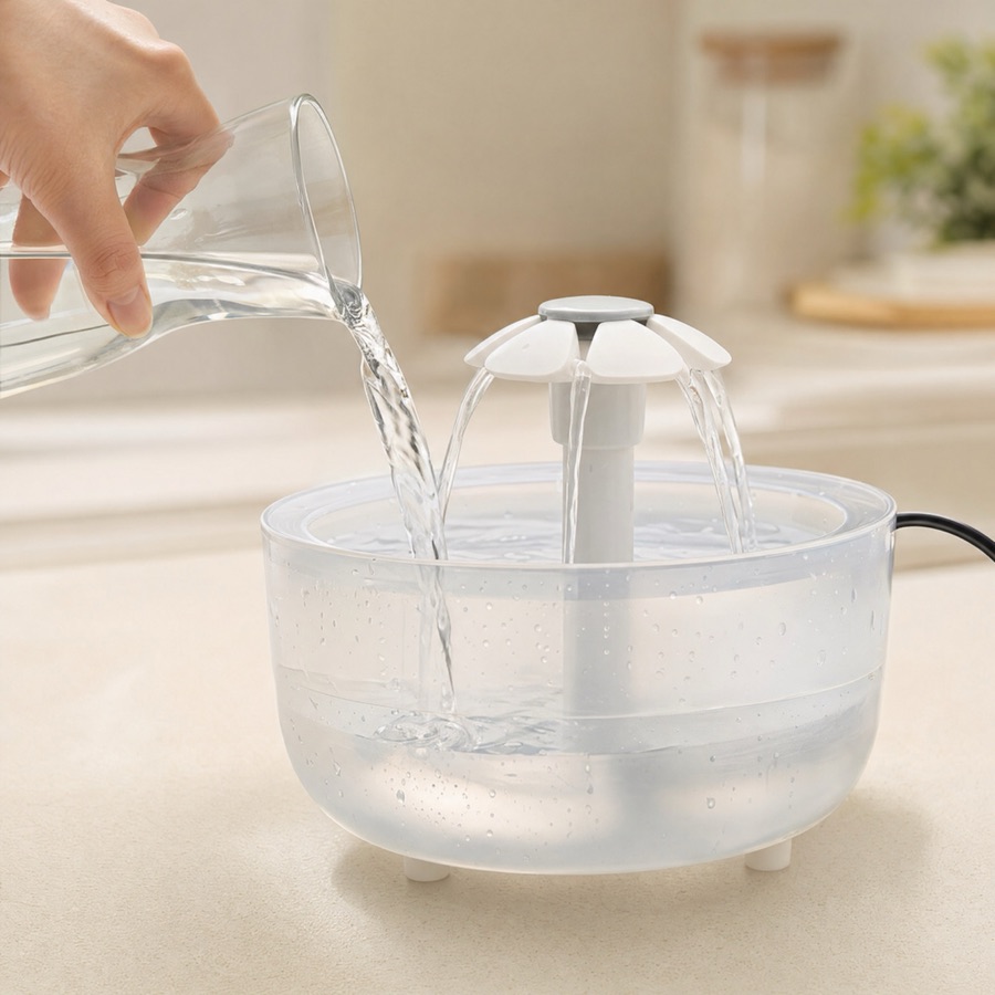 Remplissage de la fontaine à eau avec la ration d'eau quotidienne du chat