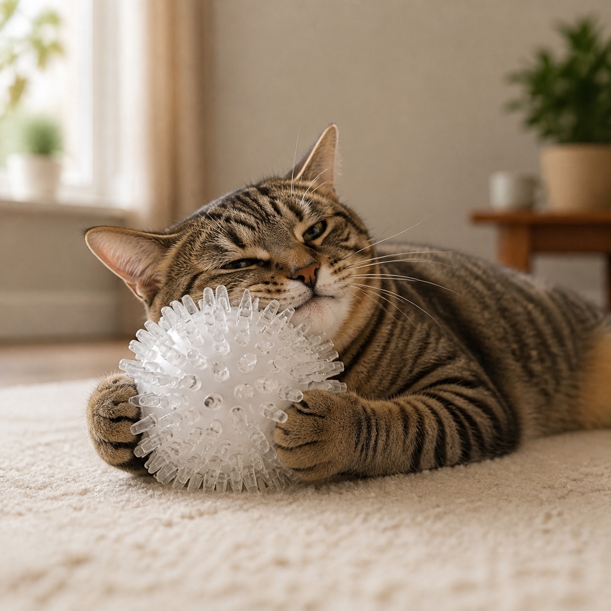 Chat qui explore les picots souples de la balle Naïa Senses