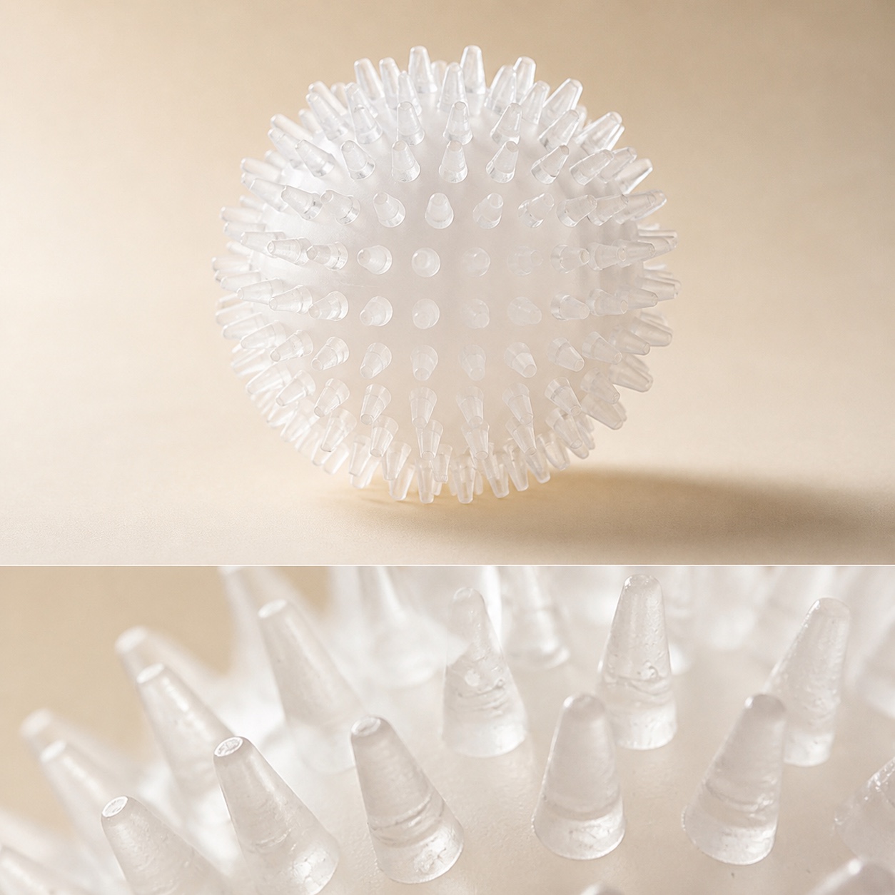 Vue illustrative d'une balle Naïa Senses avec gros plan sur ses picots