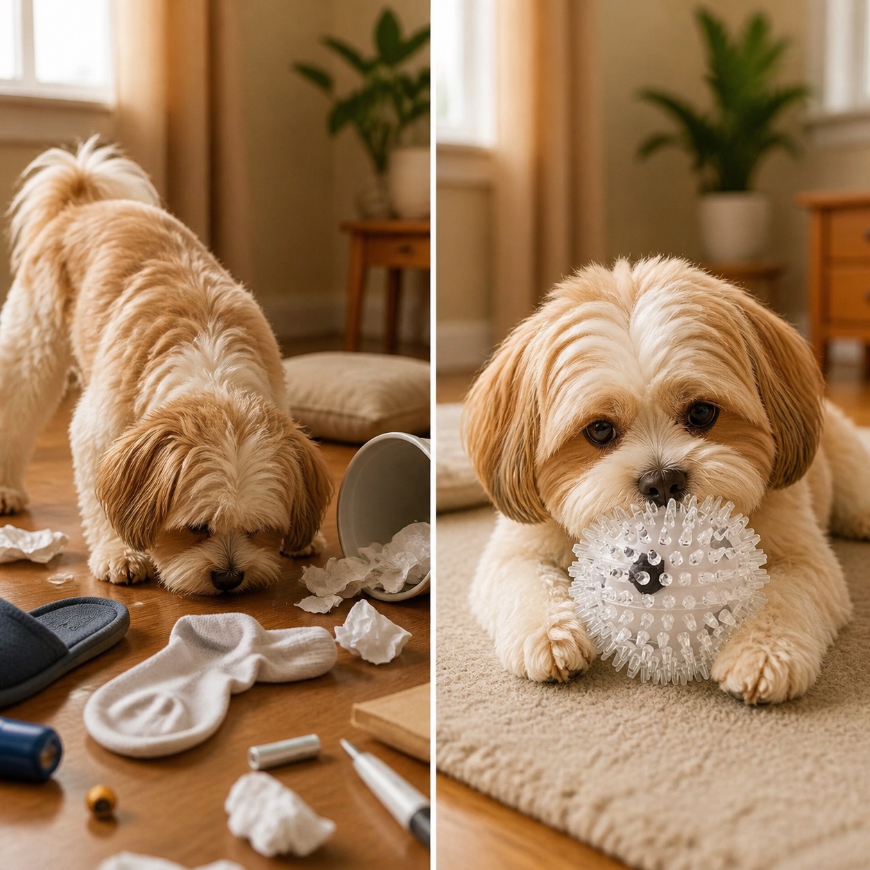 Avant et après illustratif : chien désœuvré puis jeu avec la balle Naïa Senses