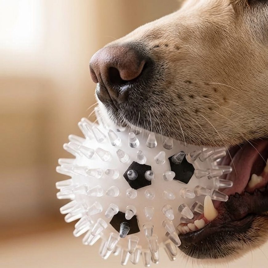 Chien qui mordille la balle à picots Naïa Senses, les pointes souples au contact des gencives