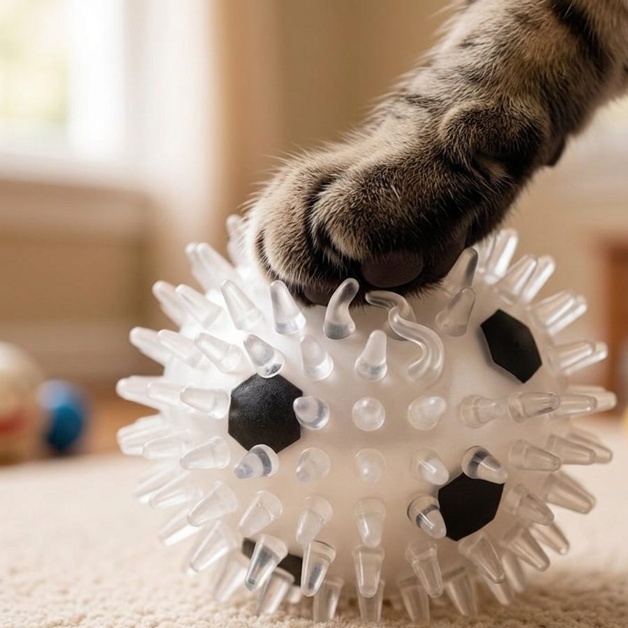 Patte de chat posée sur les picots translucides de la balle Naïa Senses, qui fléchissent sous l'appui