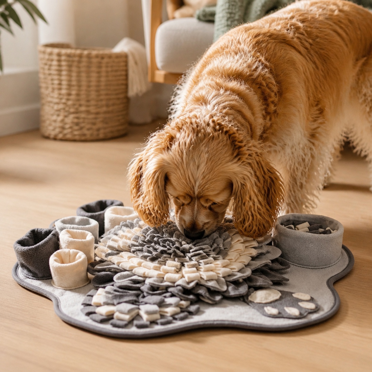 Chien concentré qui recherche des croquettes dans le tapis Naïa Explore