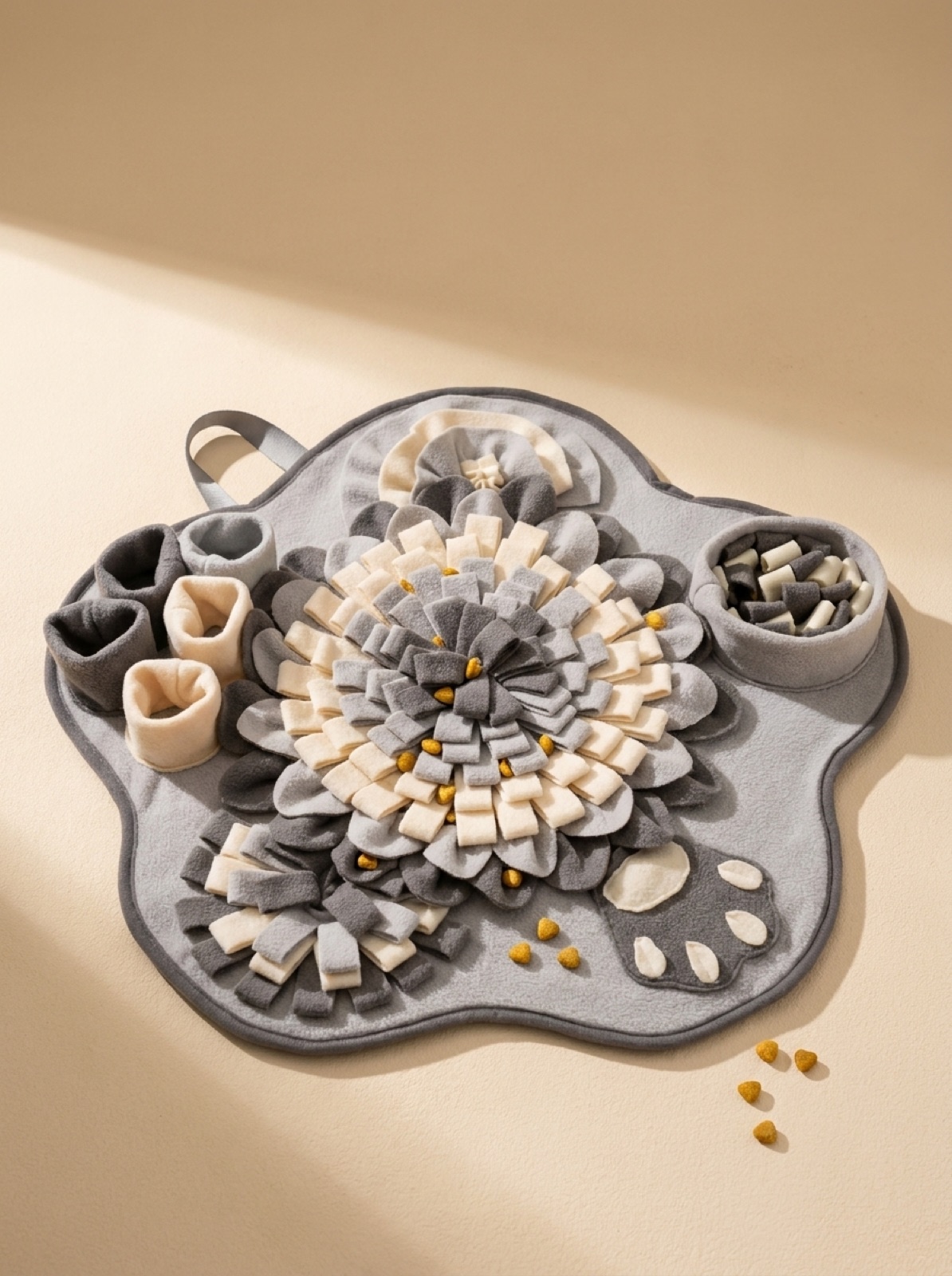 Tapis de fouille Naïa Explore gris et crème en forme de patte, sur fond crème