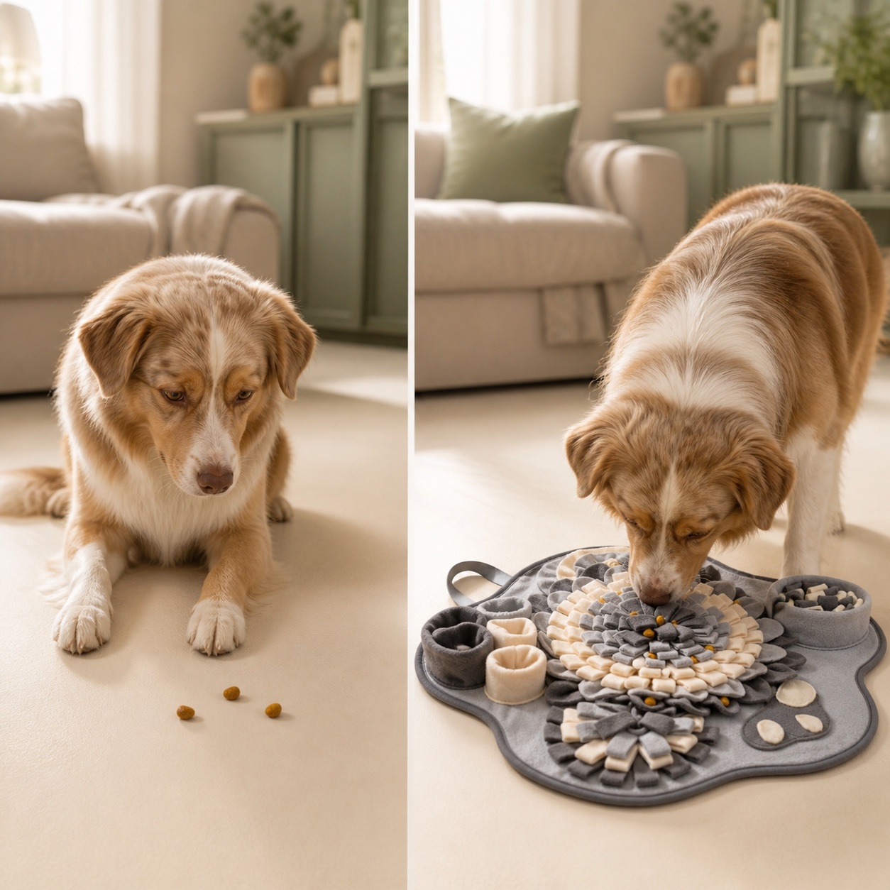 Avant et après illustratif : chien qui s'ennuie puis cherche dans le tapis Naïa Explore