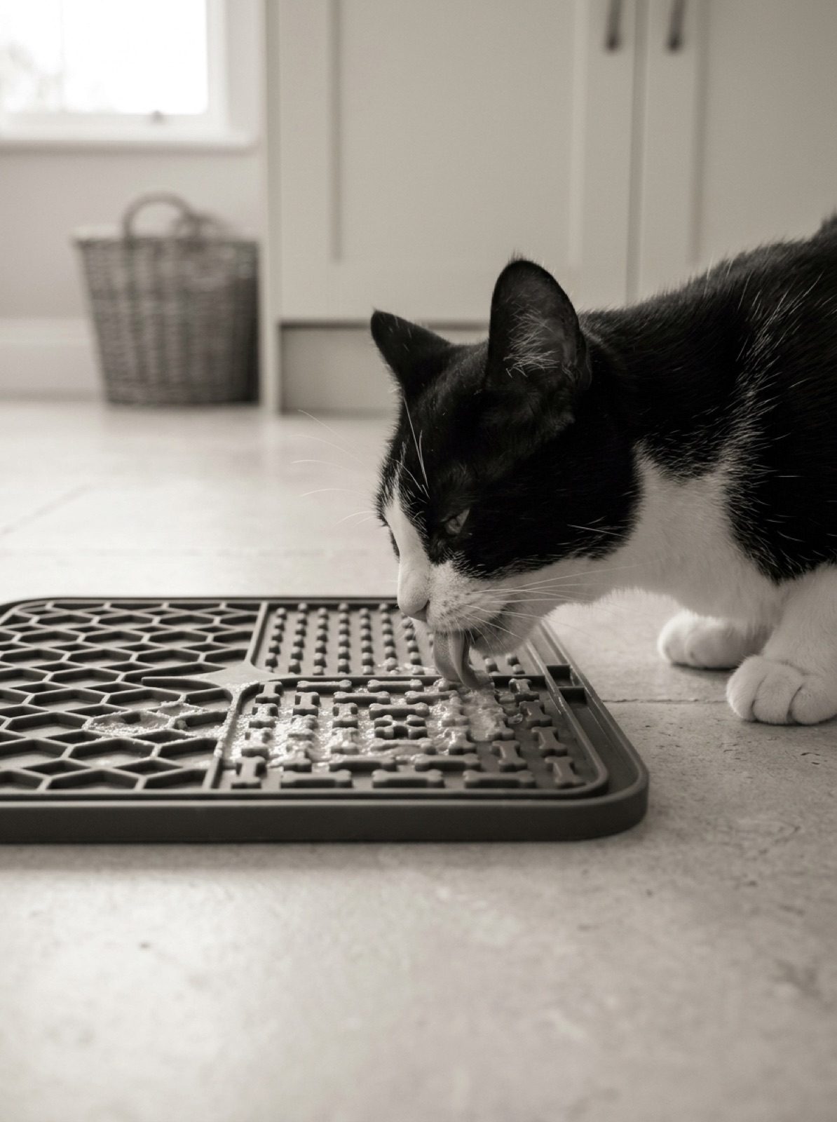 Chien concentré sur son tapis d'occupation garni de croquettes et légumes