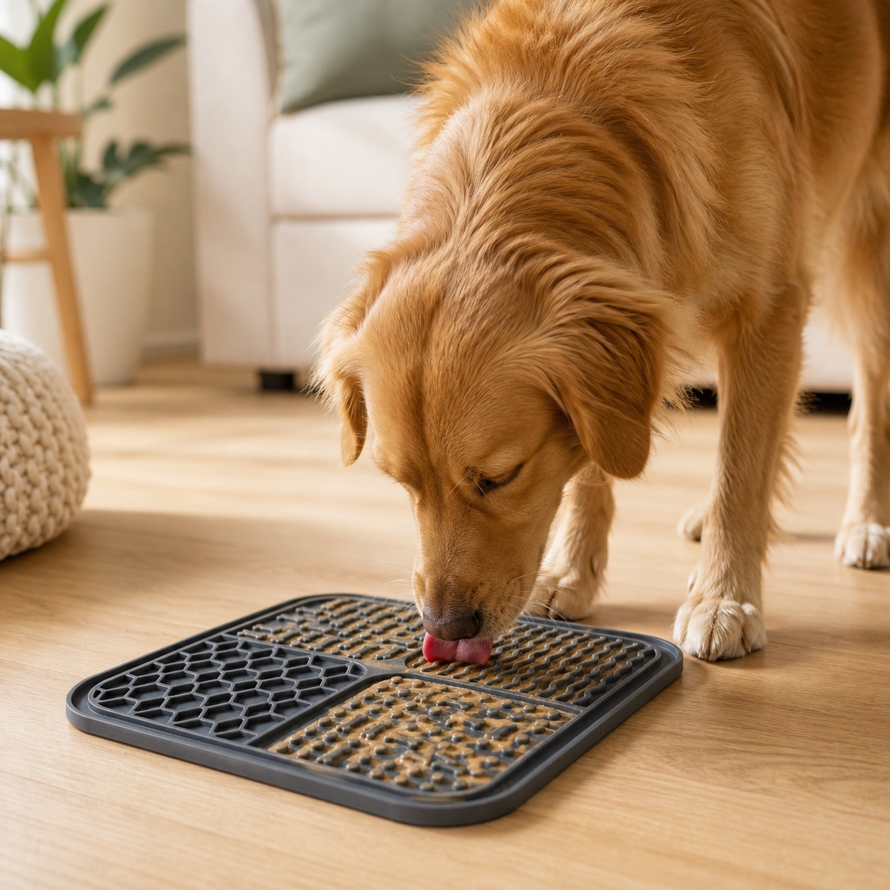 Chien concentré qui utilise le tapis de léchage Naïa Sérénité
