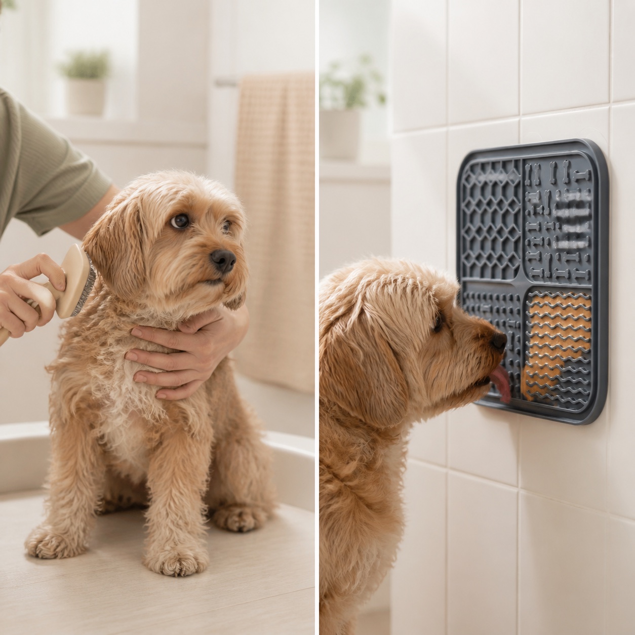 Avant et après illustratif : toilettage agité puis chien occupé avec le tapis Naïa Sérénité