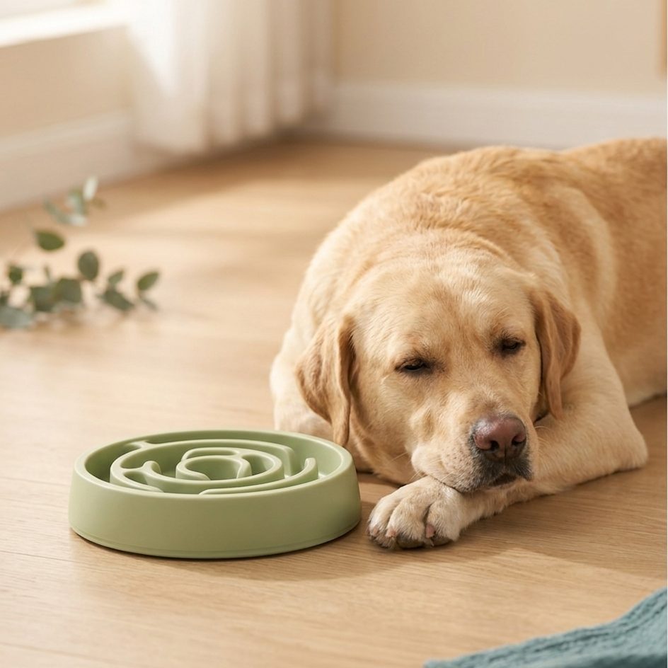 Labrador tumbado junto a su comedero Naïa Tempo vacío, con la cabeza apoyada en las patas después de comer
